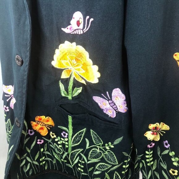 Quacker Factory Womens Black Jacket SZ 1X Embroidered Floral Butterflies *FLAWS* - Picture 14 of 16